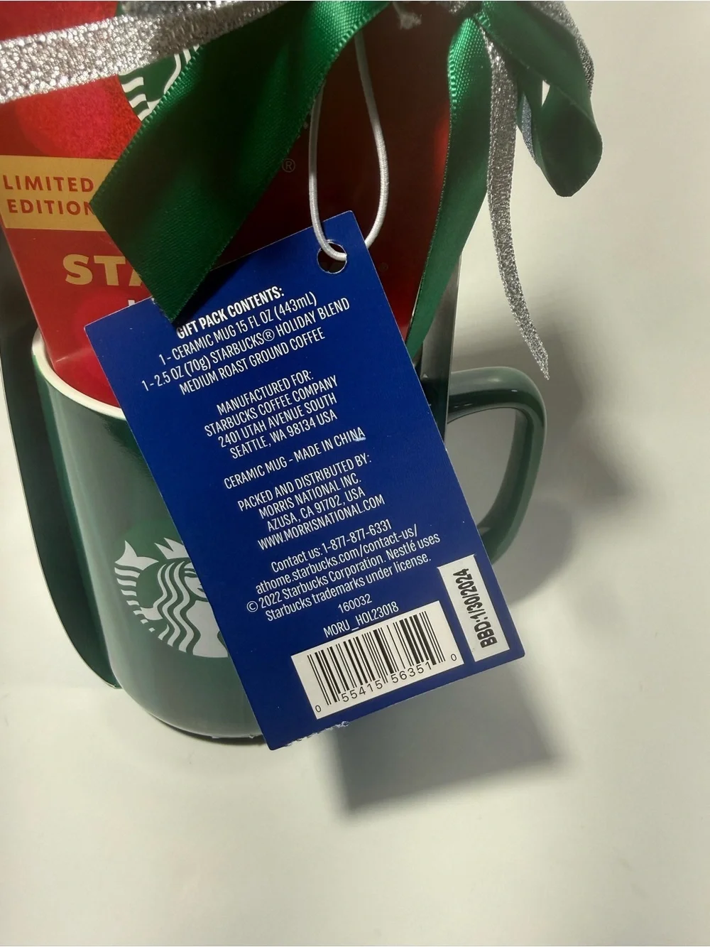 Starbucks Limited Edition Holiday Gift Set Green Ceramic Mug 15oz Coffee